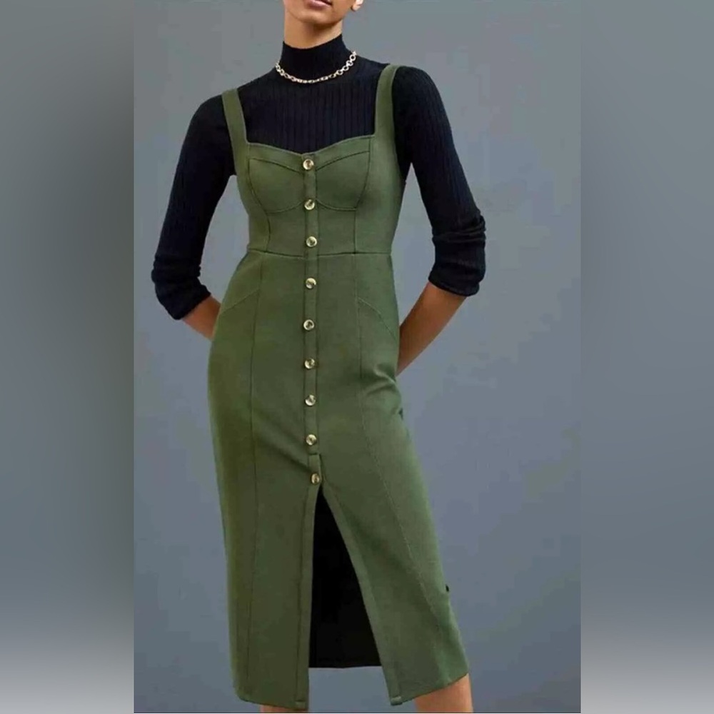 Anthropologie Maeve Moss Green Knit Button Front Midi Dress Babydoll Jumper 12